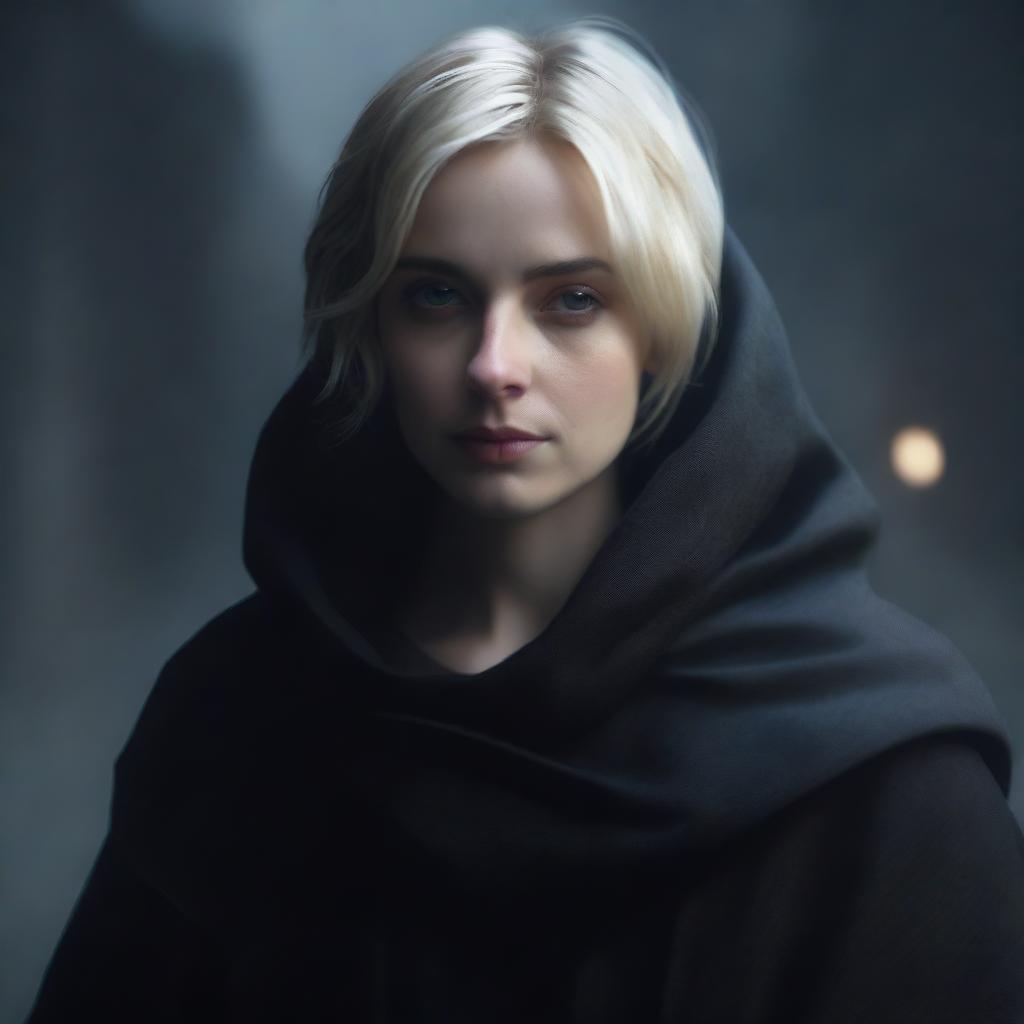 A moody background featuring a short-haired blonde woman wearing a black cloak