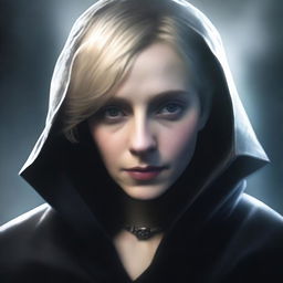 A moody background featuring a short-haired blonde woman wearing a black cloak