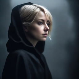 A moody background featuring a short-haired blonde woman wearing a black cloak