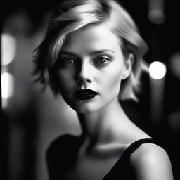 A moody background in black and white featuring a young, short-haired blonde woman with blue eyes and red lipstick