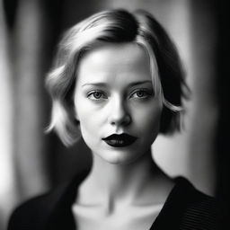 A moody background in black and white featuring a young, short-haired blonde woman with blue eyes and red lipstick