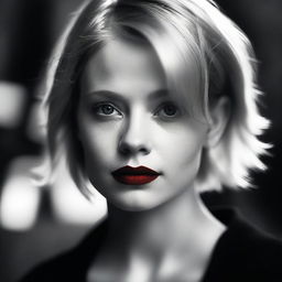 A moody background in black and white featuring a young, short-haired blonde woman with blue eyes and red lipstick