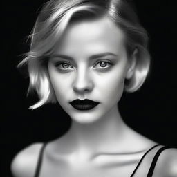 A moody background in black and white featuring a young, short-haired blonde woman with blue eyes and red lipstick