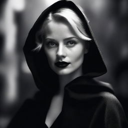 A moody background in black and white featuring a smirking young, short-haired blonde woman with blue eyes and red lipstick, wearing a black cloak