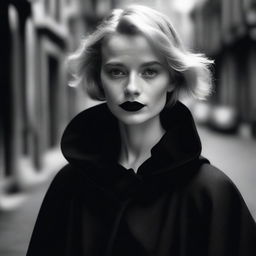 A moody background in black and white featuring a smirking young, short-haired blonde woman with blue eyes and red lipstick, wearing a black cloak