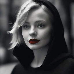 A moody background in black and white featuring a smirking young, short-haired blonde woman with blue eyes and red lipstick, wearing a black cloak