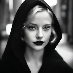 A moody background in black and white featuring a smirking young, short-haired blonde woman with blue eyes and red lipstick, wearing a black cloak