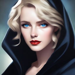 A moody background featuring a smirking young, short-haired blonde woman with blue eyes and red lipstick, wearing a black cloak