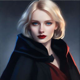 A moody background featuring a smirking young, short-haired blonde woman with blue eyes and red lipstick, wearing a black cloak