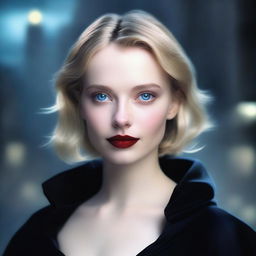 A moody background featuring a smirking young, short-haired blonde woman with blue eyes and red lipstick, wearing a black cloak