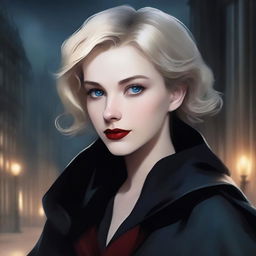 A moody background featuring a smirking young, short-haired blonde woman with blue eyes and red lipstick, wearing a black cloak