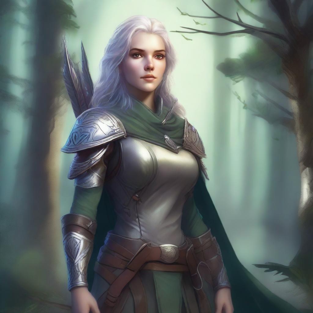 A detailed fantasy illustration of a female aasimar ranger