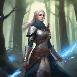 A detailed fantasy illustration of a female aasimar ranger