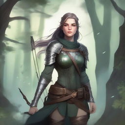 A detailed fantasy illustration of a female aasimar ranger