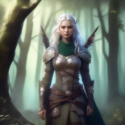 A detailed fantasy illustration of a female aasimar ranger