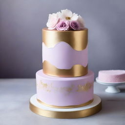 Create a two-tier cake with the bottom tier in light purple and a bit of pink, and the top tier in white with traces of gold both on the edge and around