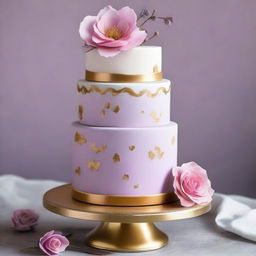 Create a two-tier cake with the bottom tier in light purple and a bit of pink, and the top tier in white with traces of gold both on the edge and around