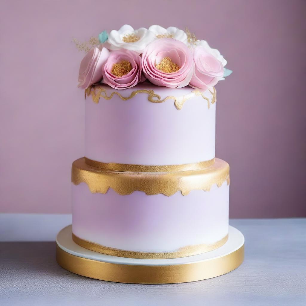 Create a two-tier cake with the bottom tier in light purple and a bit of pink, and the top tier in white with traces of gold both on the edge and around