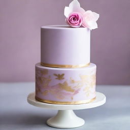 Create a two-tier cake with the bottom tier in light purple and a bit of pink, and the top tier in white with traces of gold both on the edge and around