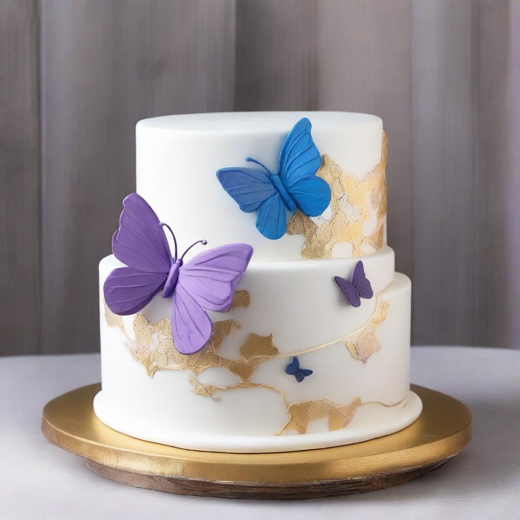 Create a two-tier cake with the top tier in white with traces of gold, and the bottom tier in light purple with purple, blue, and white butterflies