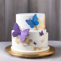 Create a two-tier cake with the top tier in white with traces of gold, and the bottom tier in light purple with purple, blue, and white butterflies