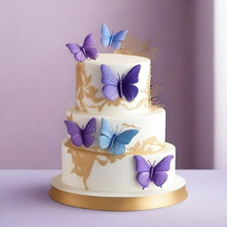 Create a two-tier cake with the top tier in white with traces of gold, and the bottom tier in light purple with purple, blue, and white butterflies