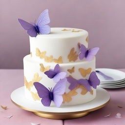 Create a two-tier cake with the top tier in white with traces of gold, and the bottom tier in light purple with purple, blue, and white butterflies