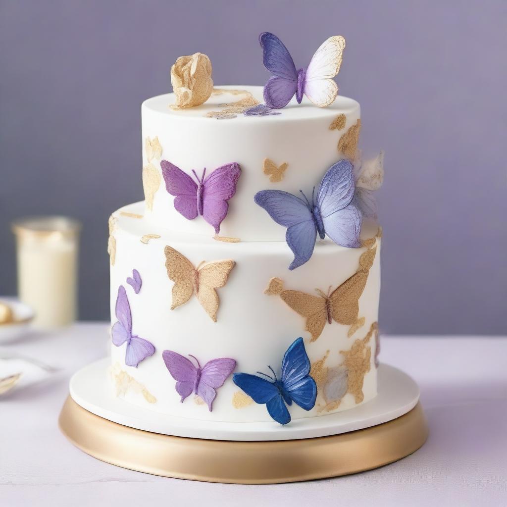 Create a two-tier cake with the top tier in white with traces of gold, and the bottom tier in light purple with purple, blue, and white butterflies