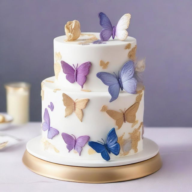 Create a two-tier cake with the top tier in white with traces of gold, and the bottom tier in light purple with purple, blue, and white butterflies