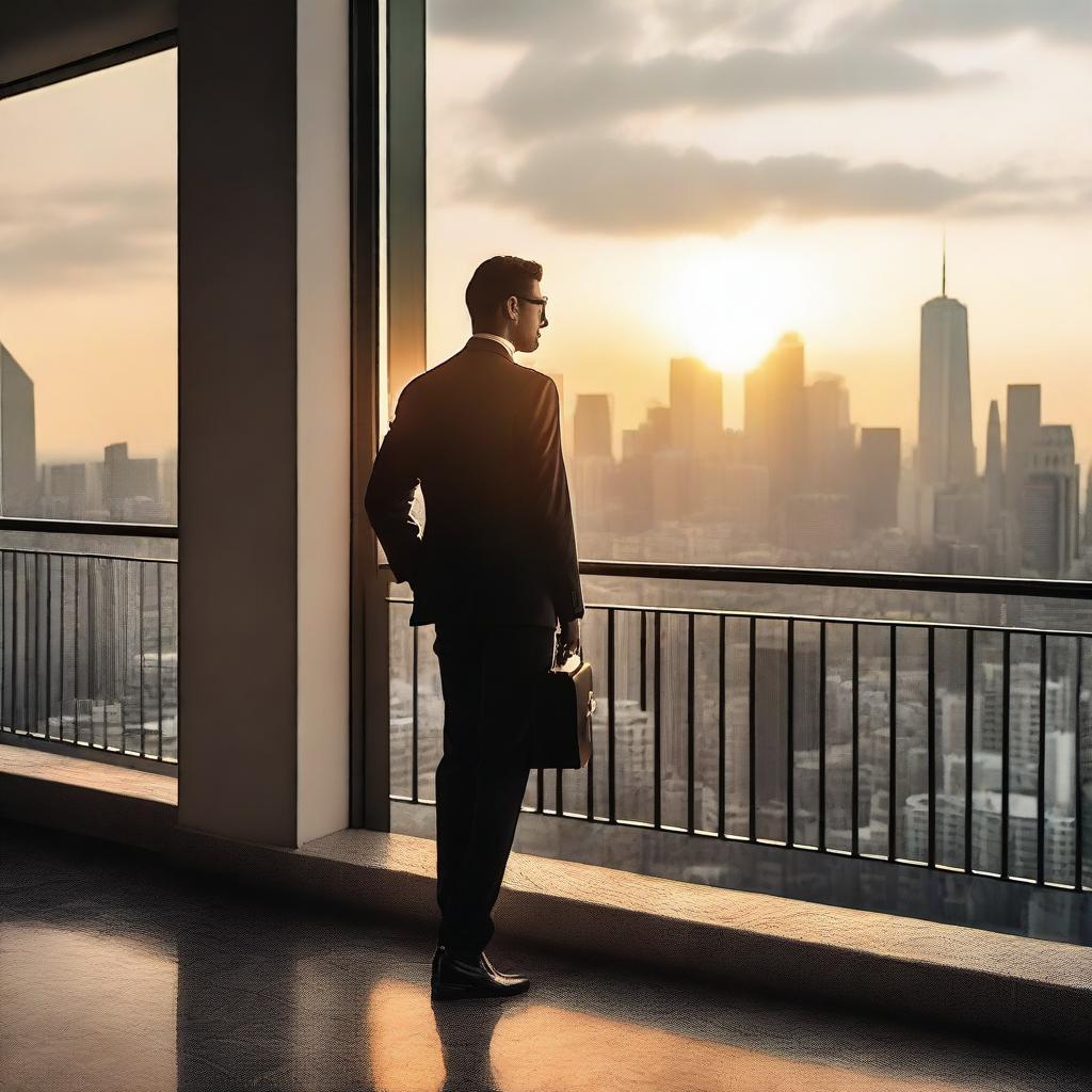 A wealthy billionaire man standing on a balcony, overlooking a breathtaking cityscape