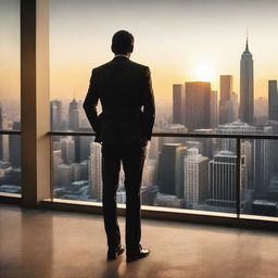 A wealthy billionaire man standing on a balcony, overlooking a breathtaking cityscape