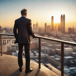 A wealthy billionaire man standing on a balcony, overlooking a breathtaking cityscape