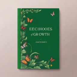 Design a book cover with the theme 'ECHOES OF GROWTH' showcasing a winding path from left to right with various growth stages symbolized by butterflies for transformation and leaves/vines for growth