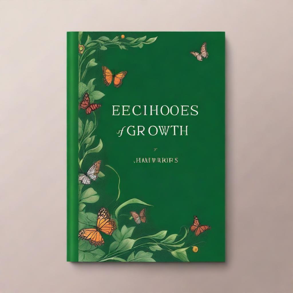 Design a book cover with the theme 'ECHOES OF GROWTH' showcasing a winding path from left to right with various growth stages symbolized by butterflies for transformation and leaves/vines for growth
