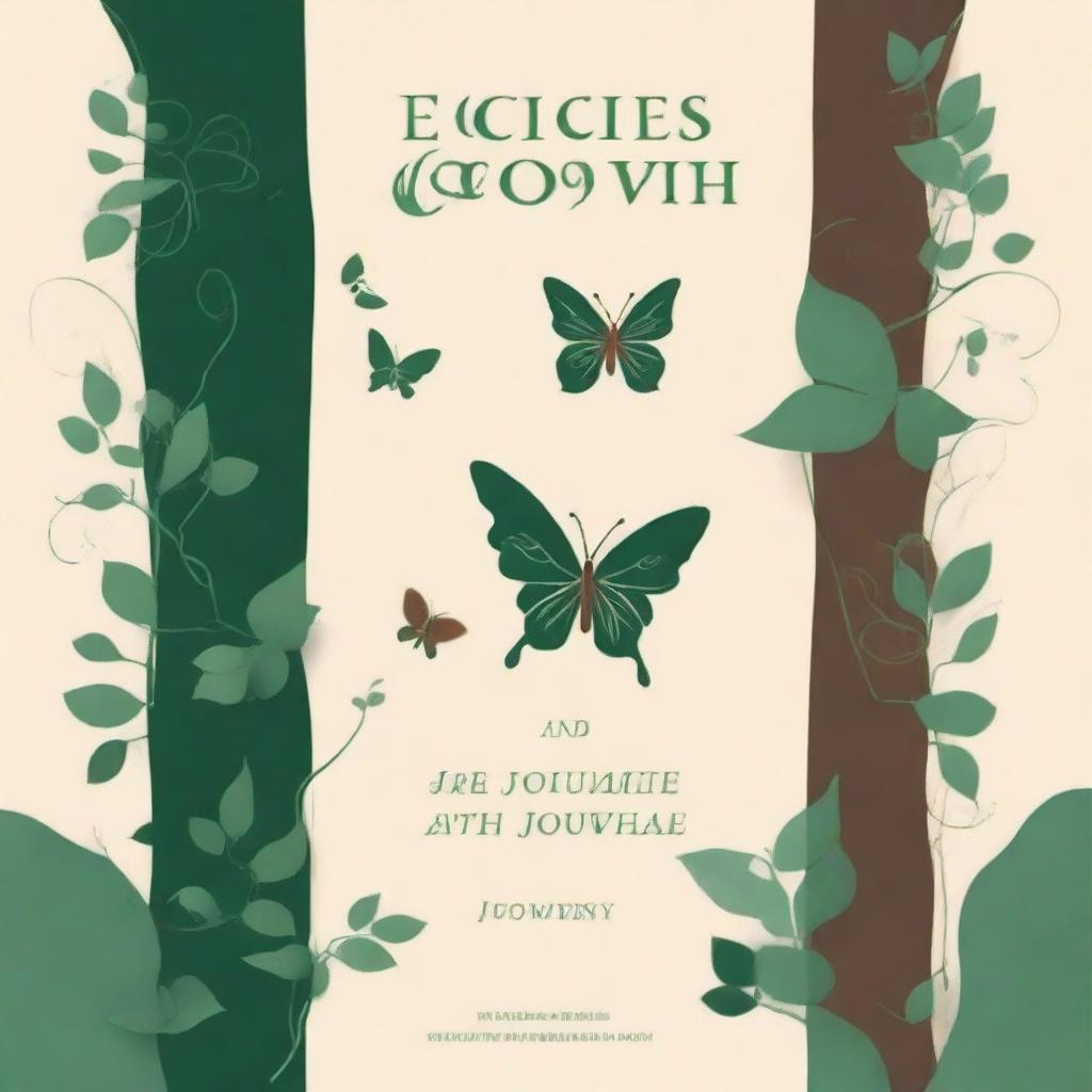 Design a book cover with the theme 'ECHOES OF GROWTH' showcasing a winding path from left to right with various growth stages symbolized by butterflies for transformation and leaves/vines for growth