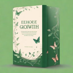 Design a book cover with the theme 'ECHOES OF GROWTH' showcasing a winding path from left to right with various growth stages symbolized by butterflies for transformation and leaves/vines for growth