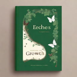 Design a book cover with the theme 'ECHOES OF GROWTH' showcasing a winding path from left to right with various growth stages symbolized by butterflies for transformation and leaves/vines for growth