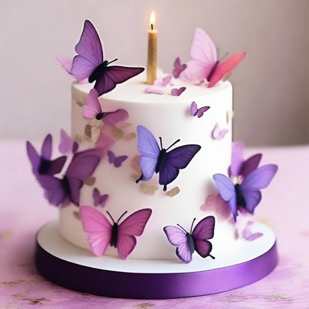 Create a cake decorated with purple and pink butterflies