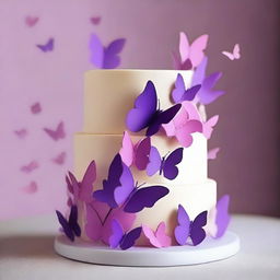 Create a cake decorated with purple and pink butterflies