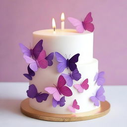 Create a cake decorated with purple and pink butterflies