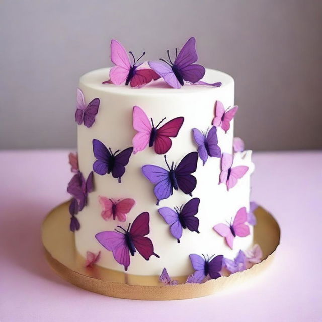 Create a cake decorated with purple and pink butterflies