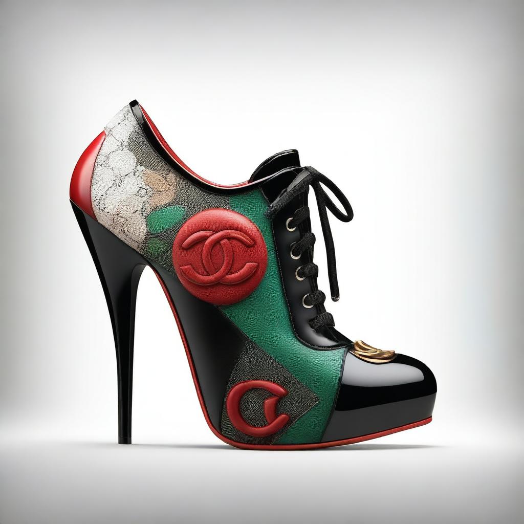 Create a high heel shoe that combines the logos of Gucci, Chanel, Adidas, Nike, and Jordan