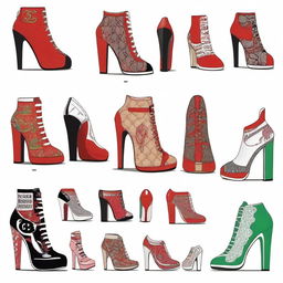 Create a high heel shoe that combines the logos of Gucci, Chanel, Adidas, Nike, and Jordan