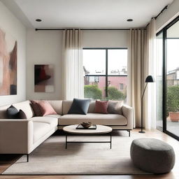 A beautifully designed living room with modern furniture, cozy lighting, and stylish decor