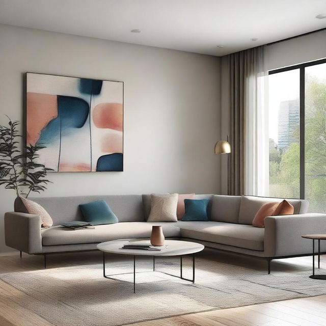 A beautifully designed living room with modern furniture, cozy lighting, and stylish decor