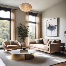 A beautifully designed living room with modern furniture, cozy lighting, and stylish decor