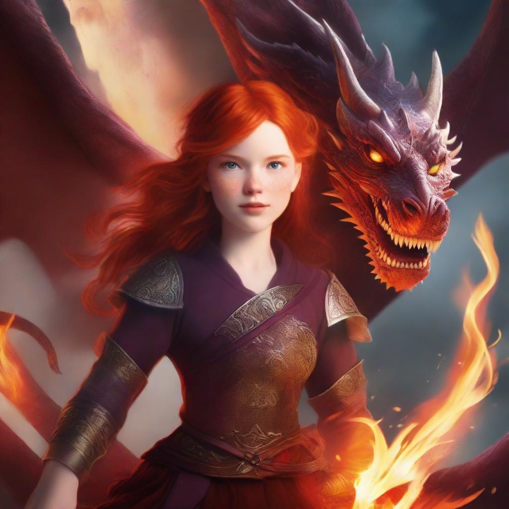 A book cover featuring a red-haired girl wielding fire, with a majestic dragon in the background