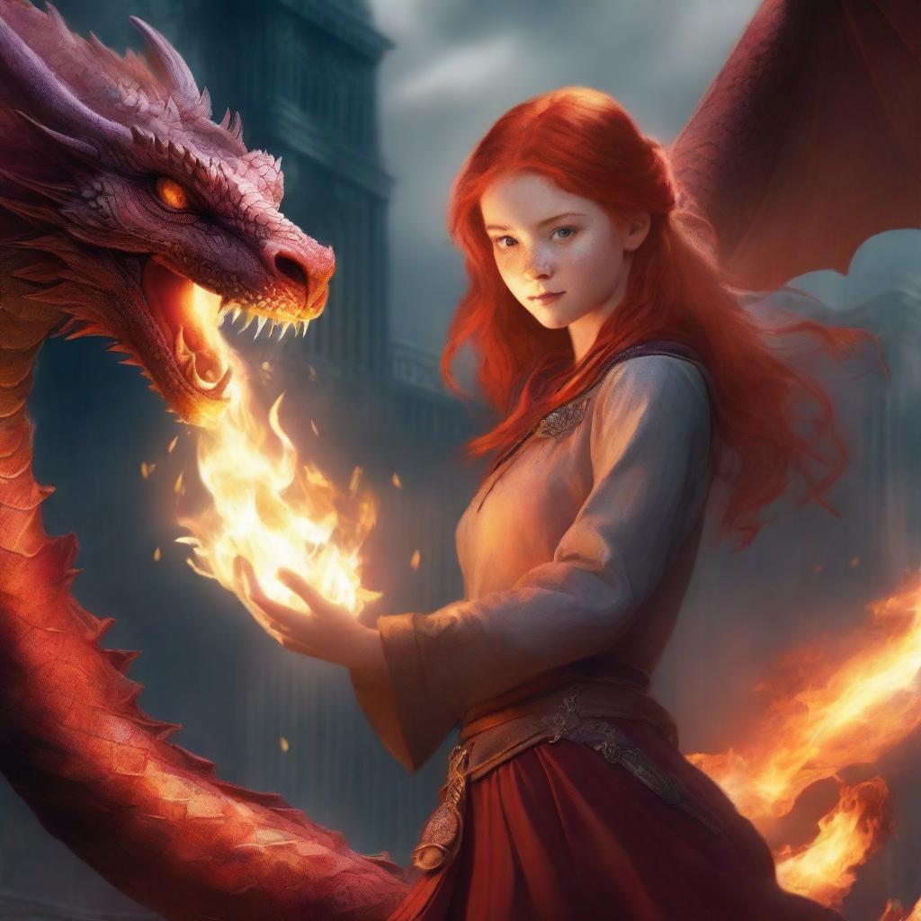 A book cover featuring a red-haired girl wielding fire, with a majestic dragon in the background