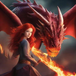 A book cover featuring a red-haired girl wielding fire, with a majestic dragon in the background