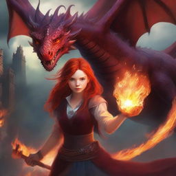 A book cover featuring a red-haired girl wielding fire, with a majestic dragon in the background